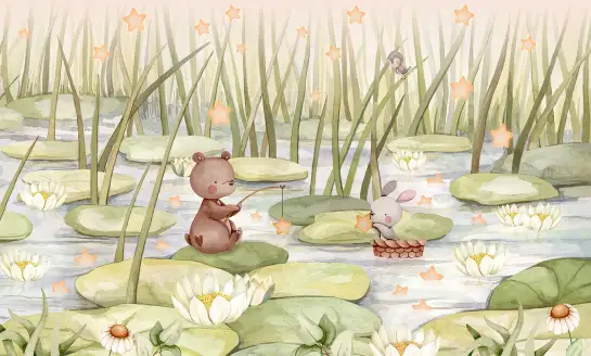 Étang aquarelle avec nénuphars, ours qui pêche et lapin dans un panier, tapisserie panoramique enfant