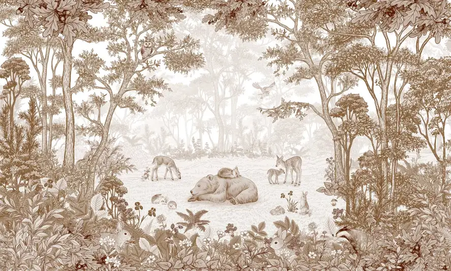 Scène champêtre de forêt avec un ours endormi et d'autres animaux aux tons sépia, papier peint panoramique.