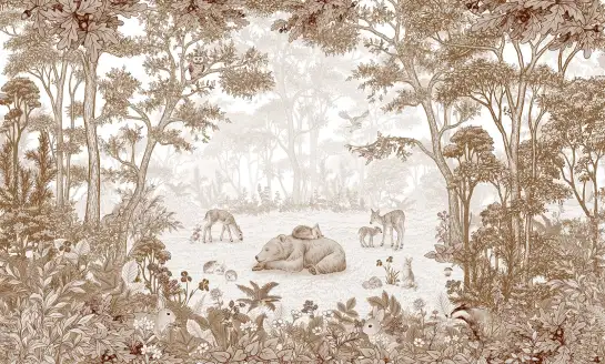 Scène champêtre de forêt avec un ours endormi et d'autres animaux aux tons sépia, papier peint panoramique.