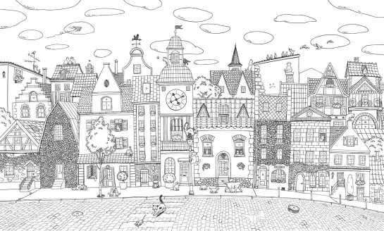 Illustration noir et blanc d'un village européen avec des chats cachés sur les toits et fenêtres, papier peint panoramique