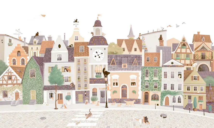 Illustration panoramique pastel d'un village européen aux maisons colorées où chats et chiens se promènent dans la rue.
