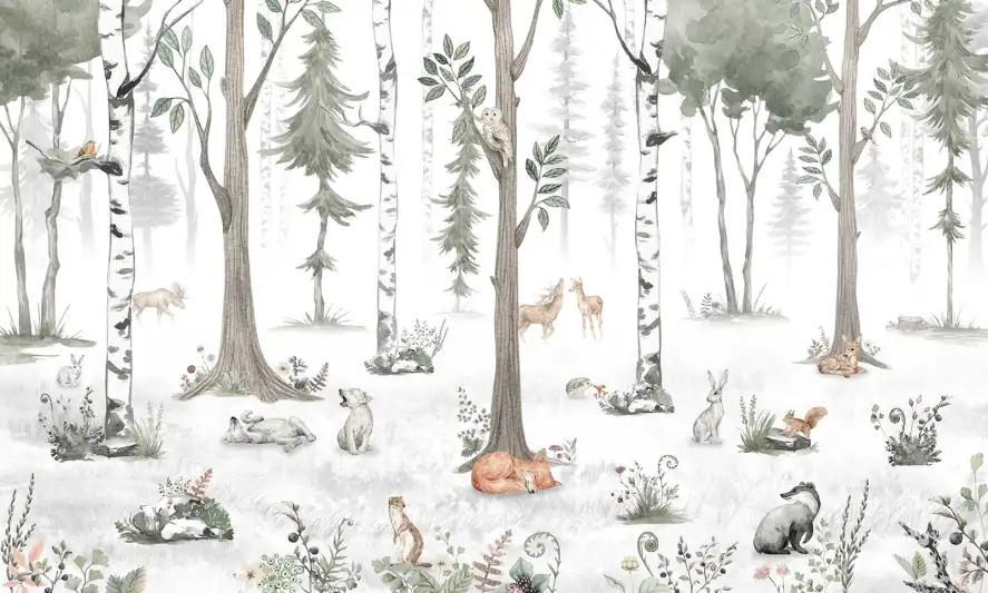 Illustration aquarelle de cerfs, faons et lapins dans une forêt enchantée aux tons naturels, papier peint panoramique.