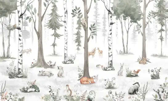 Illustration aquarelle de cerfs, faons et lapins dans une forêt enchantée aux tons naturels, papier peint panoramique.