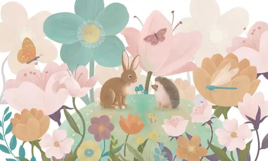 Adorable lapin et hérisson au milieu de fleurs pastel peintes en style aquarelle, papier peint panoramique enfant.