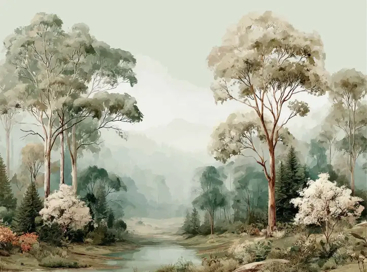 Papier peint panoramique paysage champêtre et rivière, décor nature apaisant pour salon
