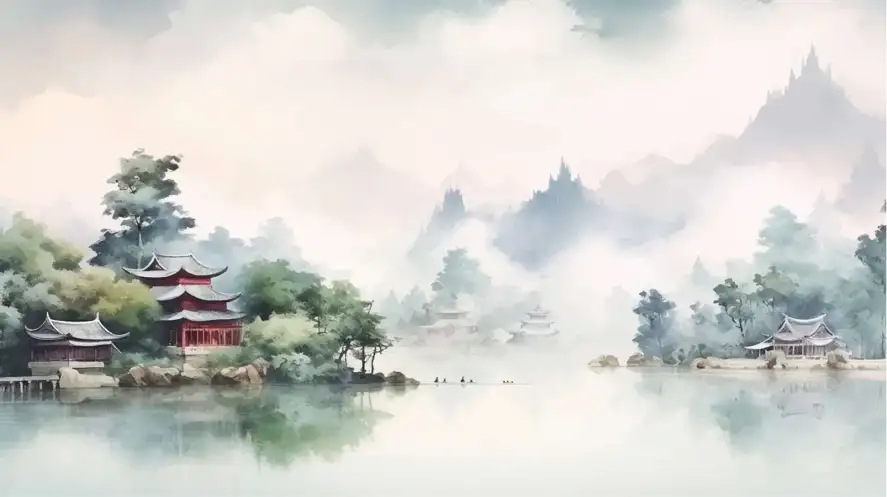 Papier peint japonais panoramique pagode asiatique dans la brume du matin, décor zen élégant