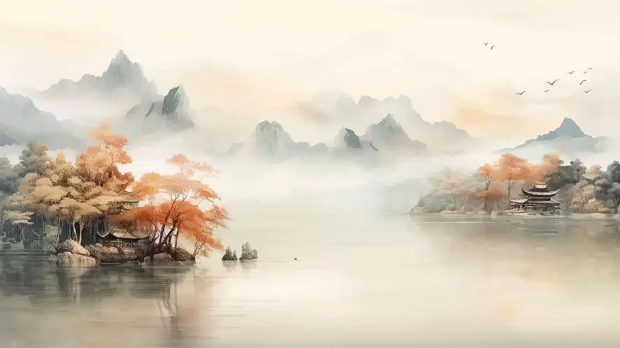 Papier peint japonais panoramique paysage automnal orange et marin, décor élégant pour salon