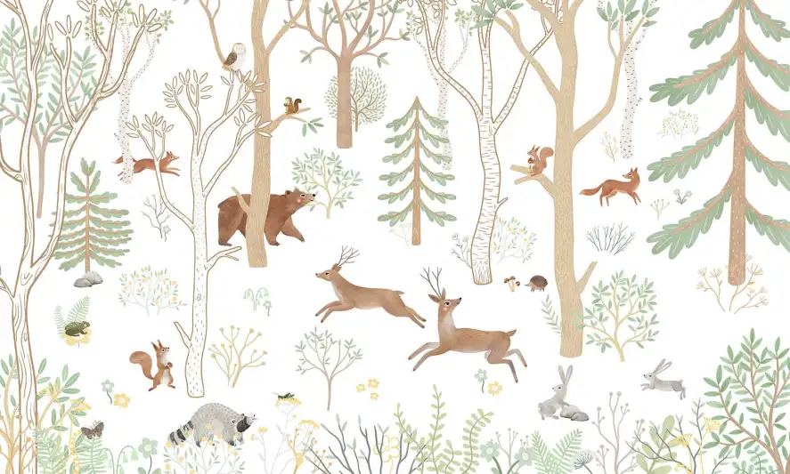 Papier peint panoramique Forêt enchantée avec animaux nordiques aux tons pastel et terreux style scandinave