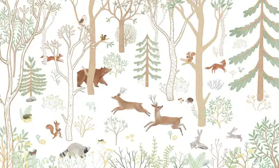 Papier peint panoramique Forêt enchantée avec animaux nordiques aux tons pastel et terreux style scandinave