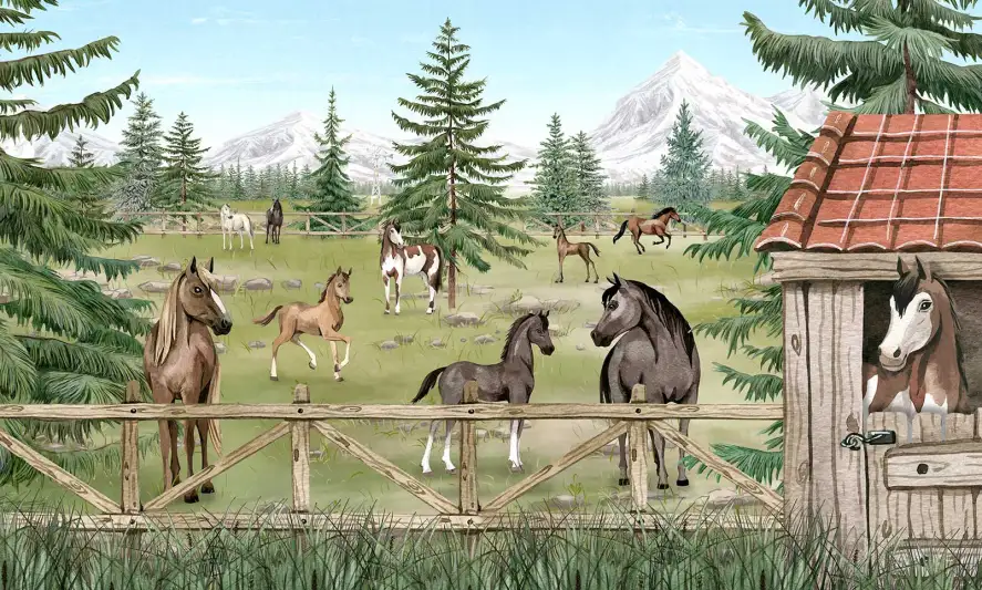 Chevaux et poulains dans une prairie verdoyante avec montagnes enneigées en arrière-plan, papier peint panoramique enfant