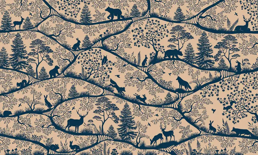 Motif de forêt enchantée et silhouettes d'animaux au style scandinave, papier peint panoramique pour chambre d'enfant