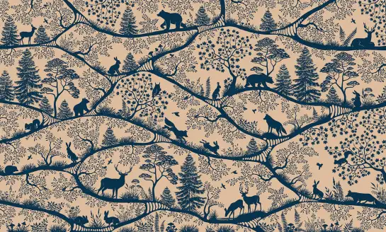 Motif de forêt enchantée et silhouettes d'animaux au style scandinave, papier peint panoramique pour chambre d'enfant