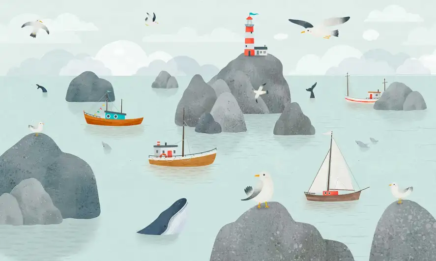 Papier peint panoramique sur mesure paysage marin poétique avec petits bateaux, phare et baleine
