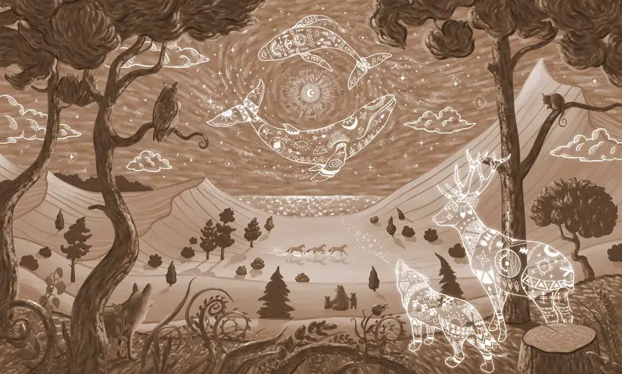 papier peint panoramique enfant animaux de la forêt ornés de motifs célestes aux tons sépia chaleureux