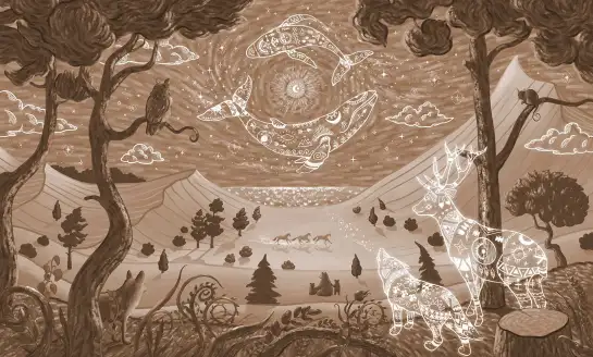 papier peint panoramique enfant animaux de la forêt ornés de motifs célestes aux tons sépia chaleureux