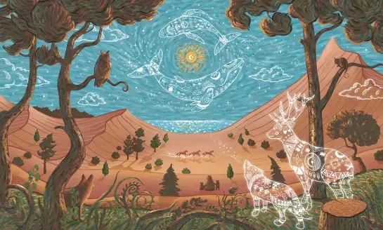 Paysage fantastique bleu avec cétacés célestes et animaux aux motifs délicats, papier peint panoramique sur mesure.