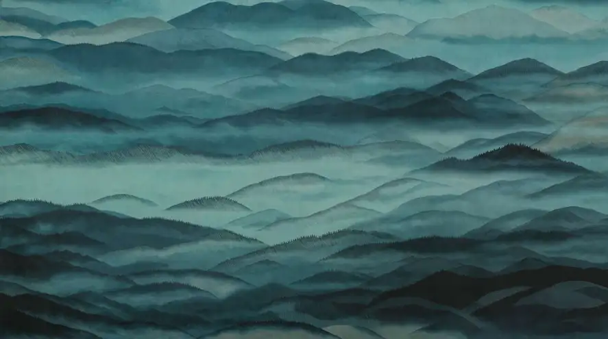 Papier peint Reliefs d'émeraude , Panorama de montagnes vert émeraude et brume