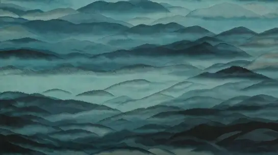 Papier peint Reliefs d'émeraude , Panorama de montagnes vert émeraude et brume