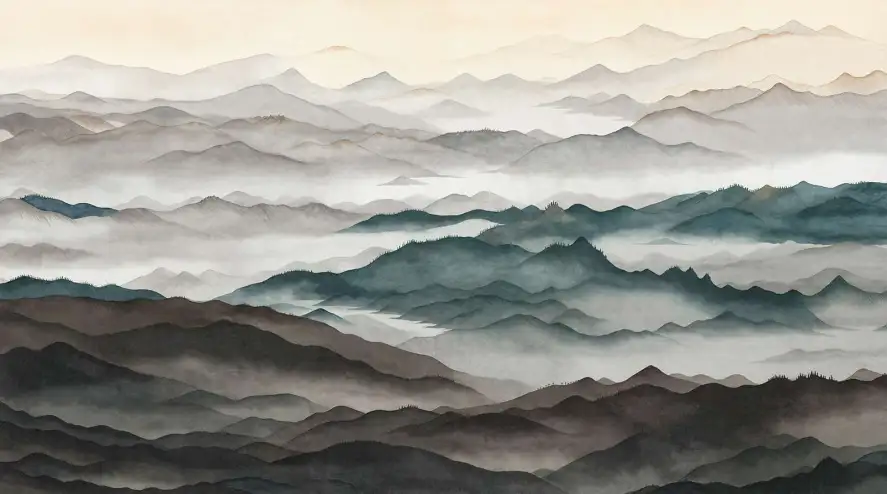Fresque murale Vallée suspendue illustrant un paysage de montagnes dans la brume