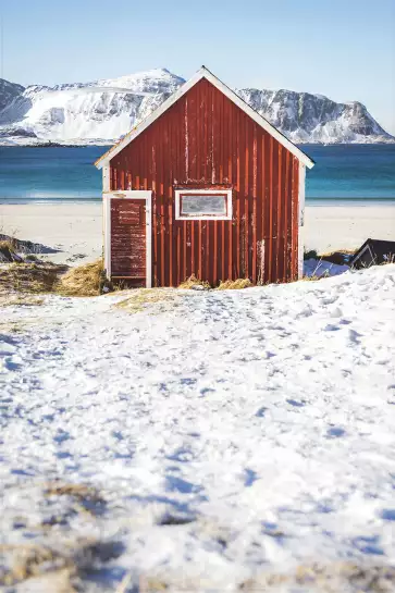 Cabane rouge pêche sous la neige - paysage hiver