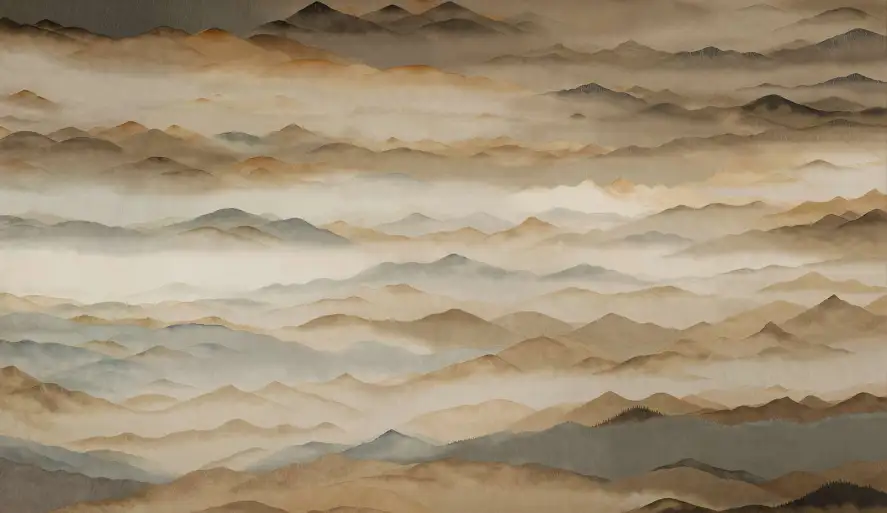 Papier peint sur mesure Monts dorés illustrant un paysage de montagnes sous la brume aux teintes dorées et beiges