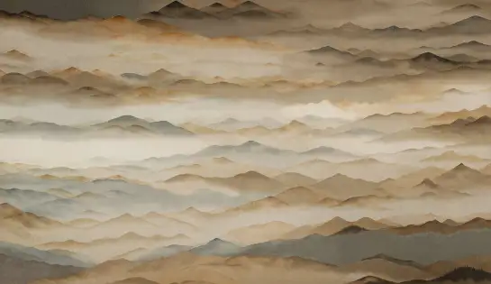 Papier peint sur mesure Monts dorés illustrant un paysage de montagnes sous la brume aux teintes dorées et beiges