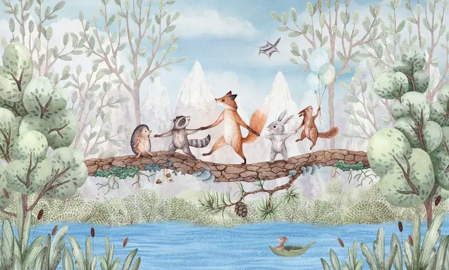 Papier peint panoramique llustration d'animaux de la forêt se tenant la main sur une branche au-dessus d'une rivière