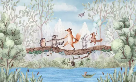 Papier peint panoramique llustration d'animaux de la forêt se tenant la main sur une branche au-dessus d'une rivière