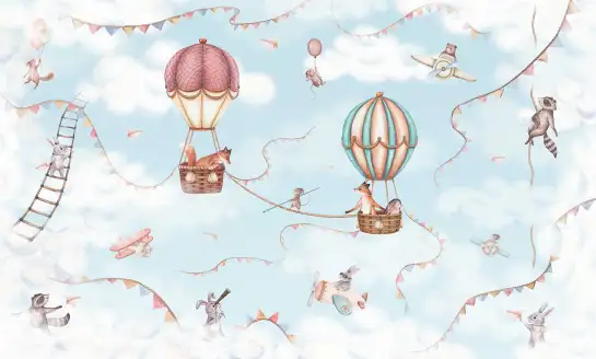 Décor mural enfant Animaux de la forêt en montgolfière et en avion dans un ciel pastel