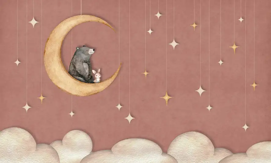 Papier peint panoramique sur mesure petit ours et lapin assis sur un croissant de lune doré dans les nuages
