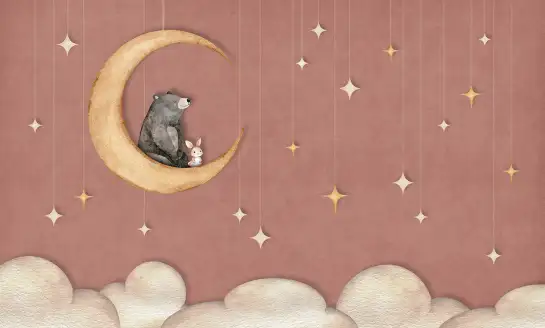 Papier peint panoramique sur mesure petit ours et lapin assis sur un croissant de lune doré dans les nuages