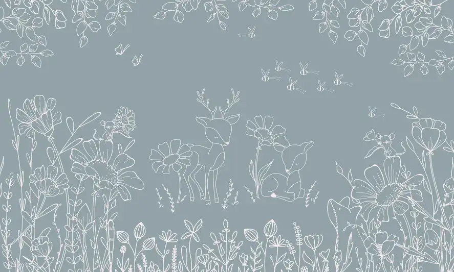 Papier peint panoramique illustrations délicates de faons et fleurs sauvages dessinées en blanc sur fond bleu doux