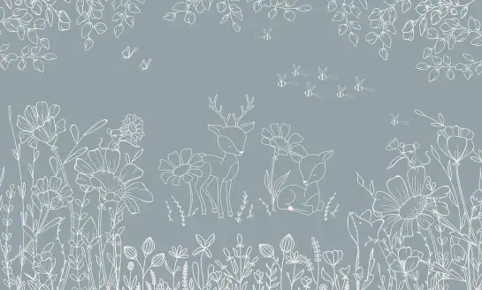 Papier peint panoramique illustrations délicates de faons et fleurs sauvages dessinées en blanc sur fond bleu doux