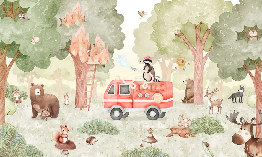 Papier peint panoramique style aquarelle animaux de la forêt éteignant un feu d'arbre avec un camion de pompier
