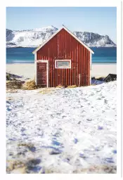 Cabane rouge pêche sous la neige - paysage hiver