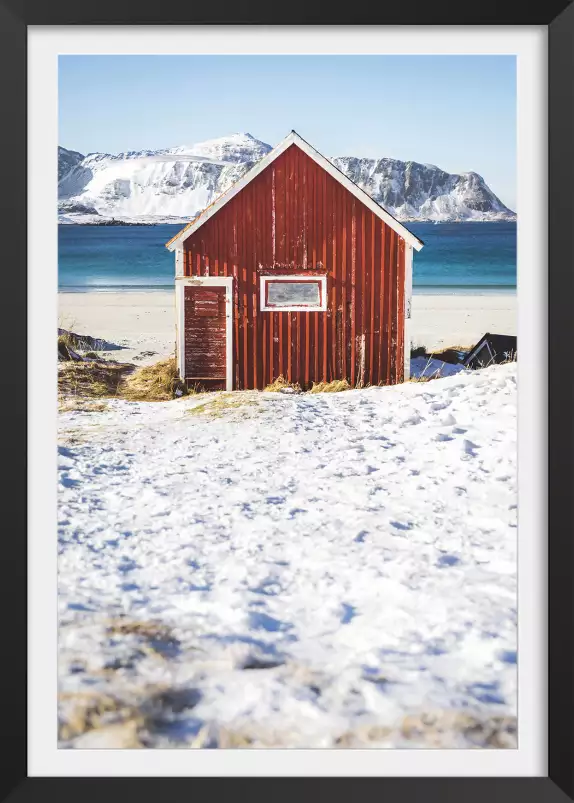 Cabane rouge pêche sous la neige - paysage hiver