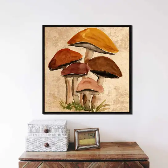Tableau champignons de forêt à l’aquarelle : une illustration botanique vintage aux tons naturels. Disponible sur plusieurs