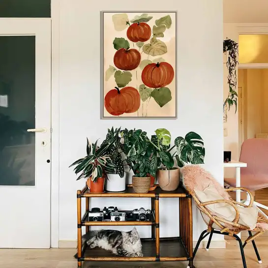 Tableau citrouilles d’automne à l’aquarelle pour une décoration murale rustique et chaleureuse. Disponible en plusieurs formats