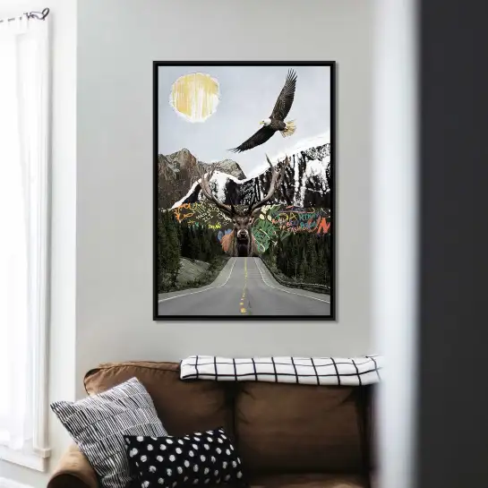 Associez nature et art urbain avec cette affiche de cerf et d'aigle. Une décoration murale contemporaine inspirée des paysages