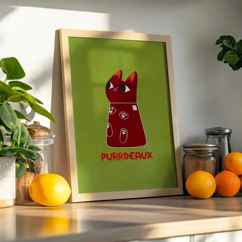Affiche chat Purrdeaux inspirée des grands vins et du monde félin. Une création Pop Art originale pour une décoration murale