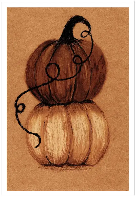 Tableau Équilibre d’Automne - Aquarelle et Fusain Citrouilles Rustiques