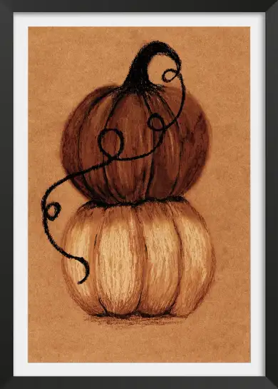 Tableau Équilibre d’Automne - Aquarelle et Fusain Citrouilles Rustiques