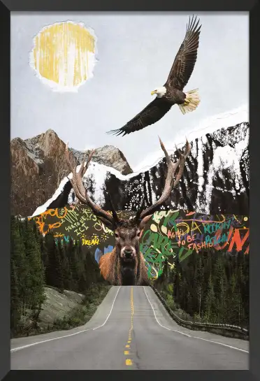 Affiche cerf et aigle - collage montagne et street art
