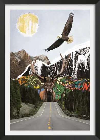 Affiche cerf et aigle - collage montagne et street art