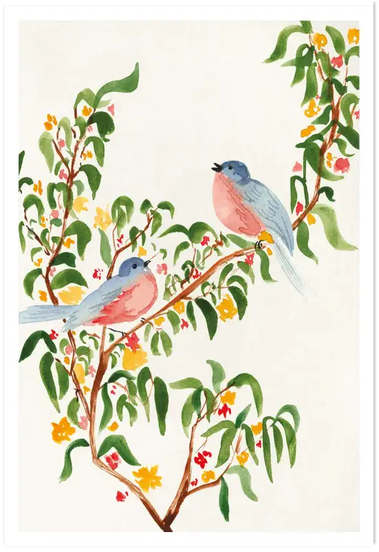 Affiche oiseaux sur branche fleurie - Illustration douce et poétique