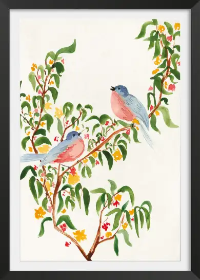 Affiche oiseaux sur branche fleurie - Illustration douce et poétique