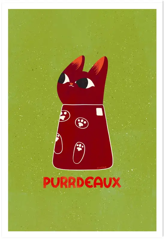 Affiche chat Purrdeaux - Illustration humoristique bouteille de vin