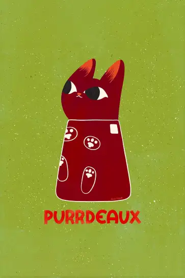 Affiche chat Purrdeaux - Illustration humoristique bouteille de vin