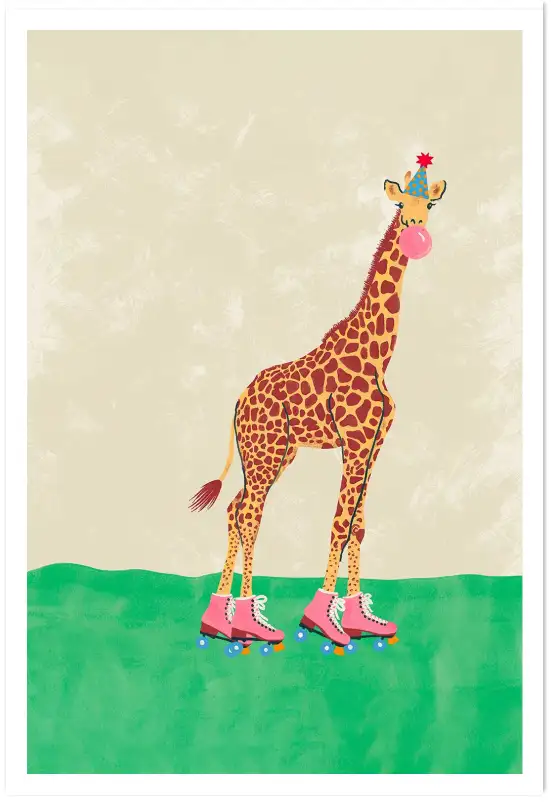 Affiche girafe patins à roulettes - illustration enfant festive