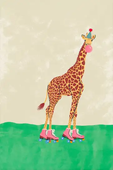 Affiche girafe patins à roulettes - illustration enfant festive